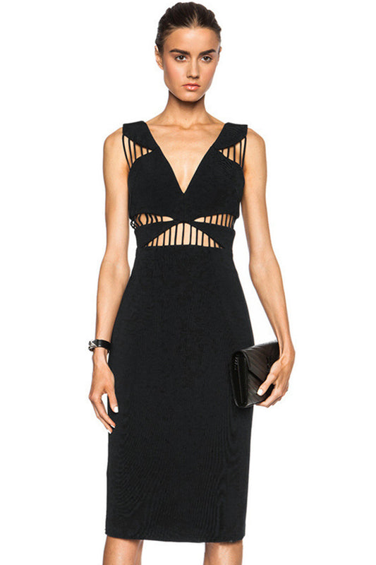 Deep-V Spaghetti Bodycon Midi Wrap  Dress