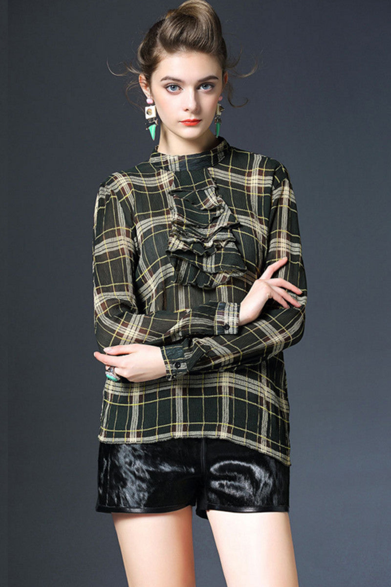 Big Check With Ruffle Mock Neck Blouse - NJOYDRESS - 4