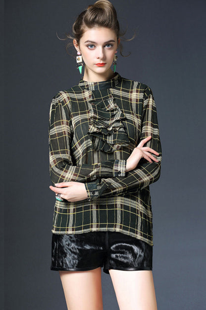 Big Check With Ruffle Mock Neck Blouse - NJOYDRESS - 4