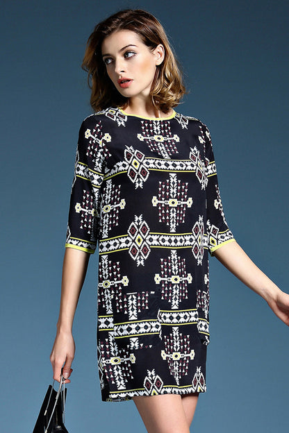 WOMEN'S CASUAL PRINT AND FLORAL HALF SLEEVE ROUND NECK SHORT DRESS