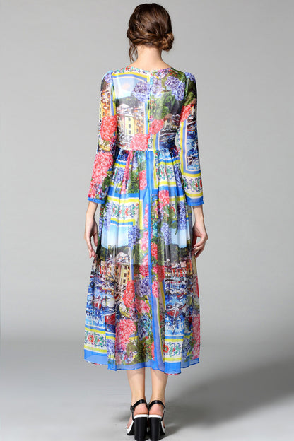 ROUND NECK 9 SLEEVE PRINTING CASUAL VACATION LONG DRESS
