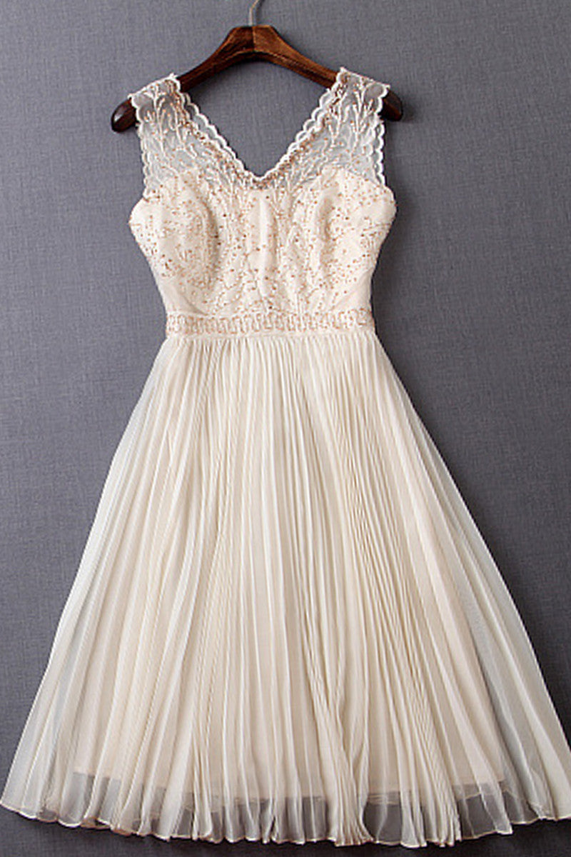 V-Neck Embroidered Mixed Bead Illusion Pleated Cocktail Dress