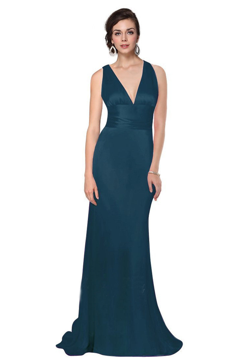 Deep V Neck Empire Waist Slim Cross Back Slim Dress Gown