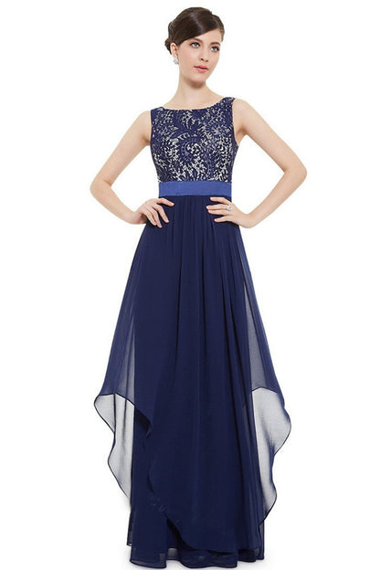 Round Collar Lace Applique Empire Waist Backless Flare Hem Tulle Gown Dress