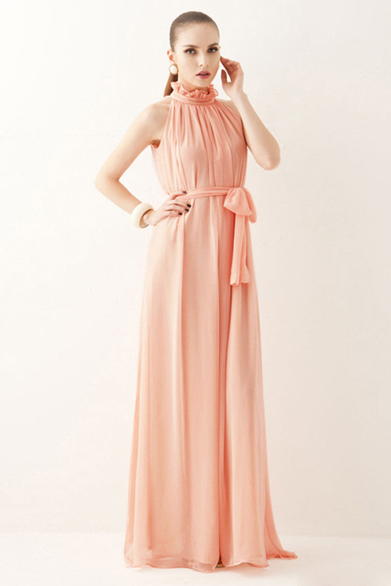 Ruffle Neck Solid Chiffon Boho Dress