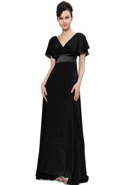 Deep V Neck Empire Waist Flare Mesh Sleeve Backless Dress Gown