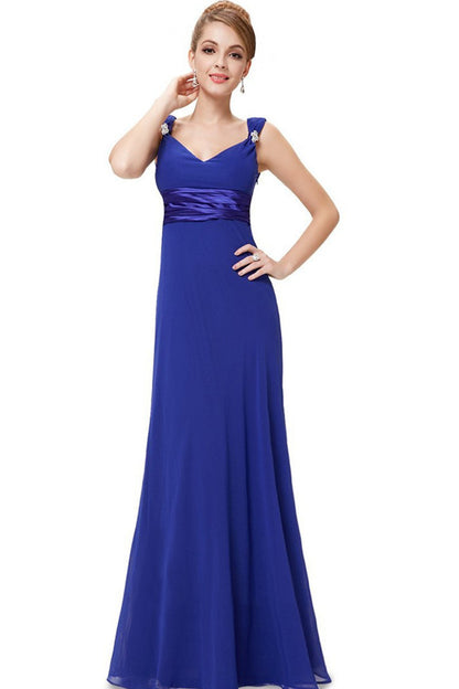 Double V-Neck Rhinestones Ruched Bust Gown Long Dress