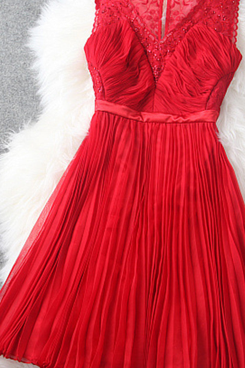 V-Neck Embroidered Mixed Bead Illusion Shrring Pleated Cocktail Dress