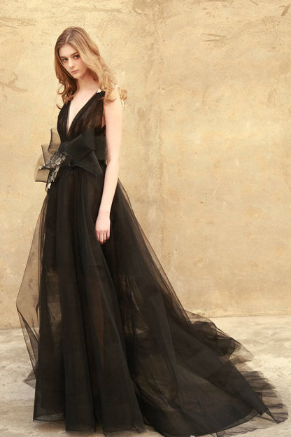 [50% OFF TILL 7 APR] Deep-V With Big Varabow Backless Long Mesh Party Dress