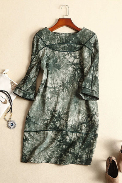 Round Collar 3/4Sleeve Tie-Dye Dress