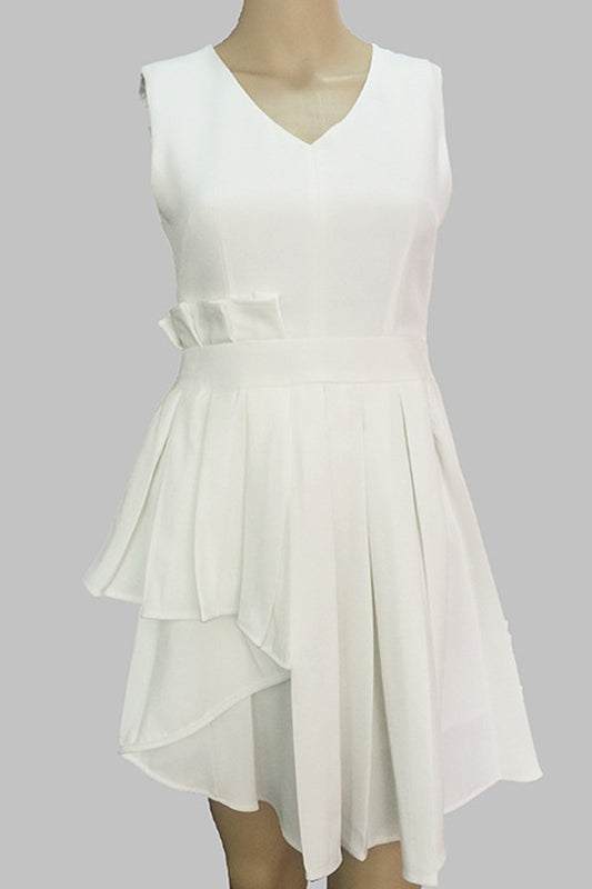 Casual V Neck Sleeve Skater Fit Pleated Skirt