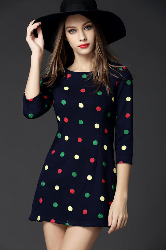WOMEN'S DOT PRINTING 3/4 SLEEVE LOOSE ROUND NECK CASUAL DRESS