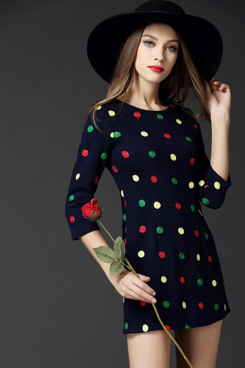 WOMEN'S DOT PRINTING 3/4 SLEEVE LOOSE ROUND NECK CASUAL DRESS