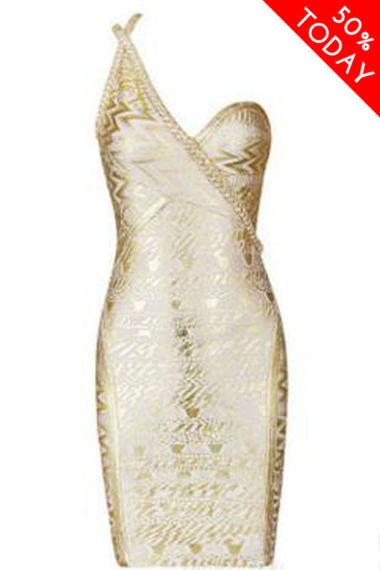 [50% OFF TILL 8 APR] Gold Foil Print Illusion One Shoulder Short Party Dress