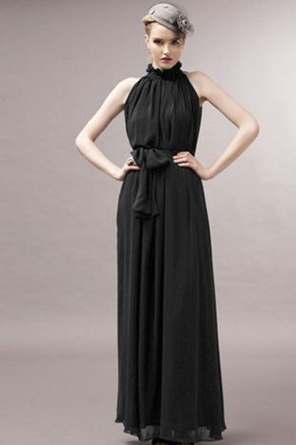 Ruffle Neck Solid Chiffon Boho Dress