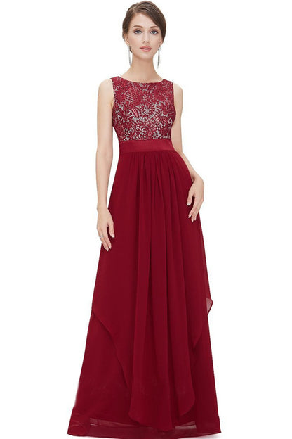Round Collar Lace Applique Empire Waist Backless Flare Hem Tulle Gown Dress
