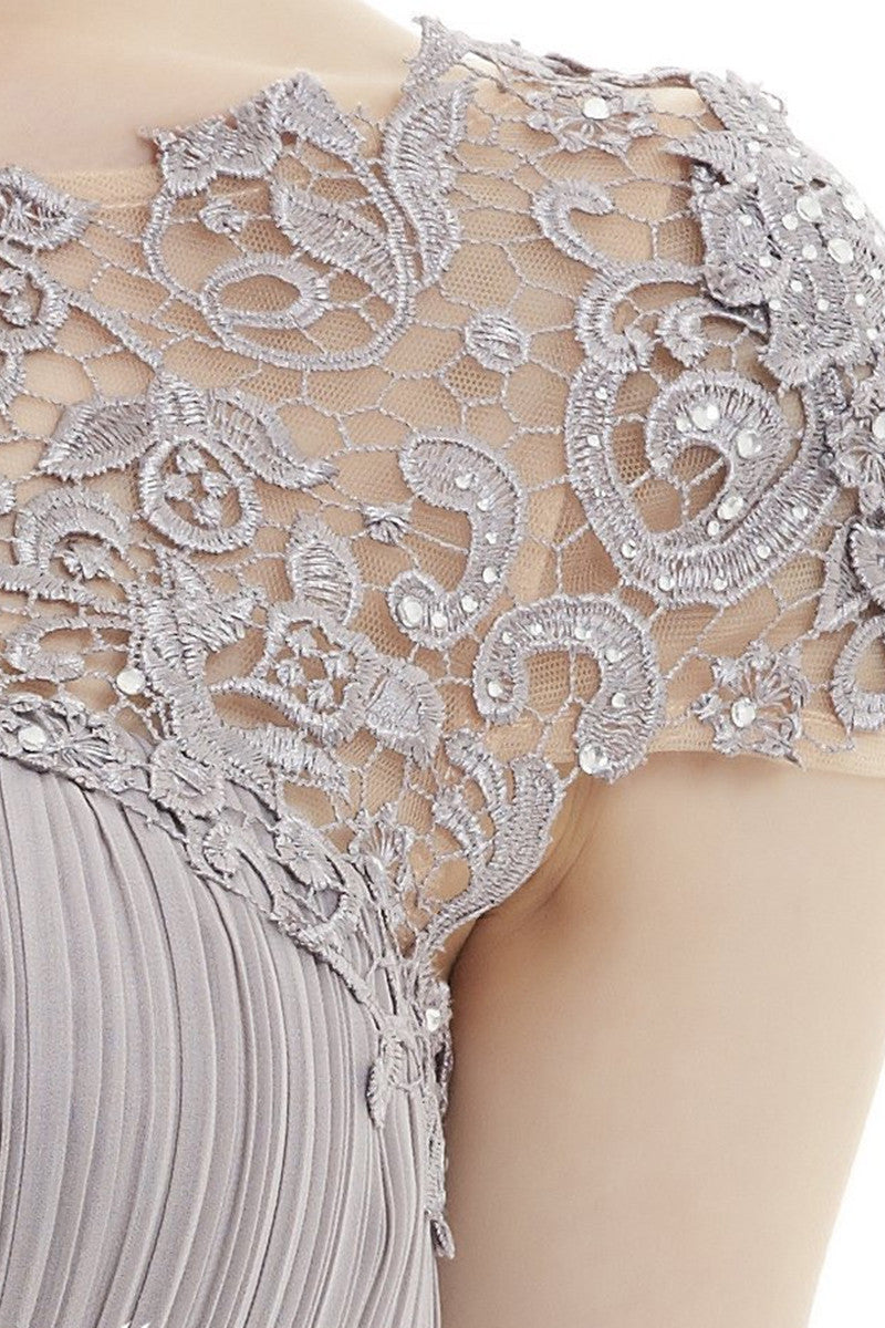 Boat Neck Lace AppliqueHollow-Out Back Empire Waist Tulle Gown Long Dress
