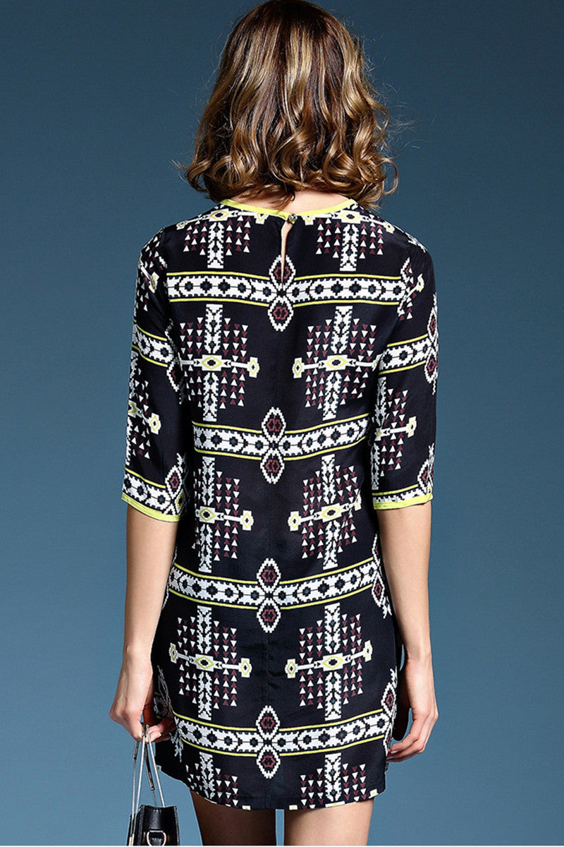 WOMEN'S CASUAL PRINT AND FLORAL HALF SLEEVE ROUND NECK SHORT DRESS