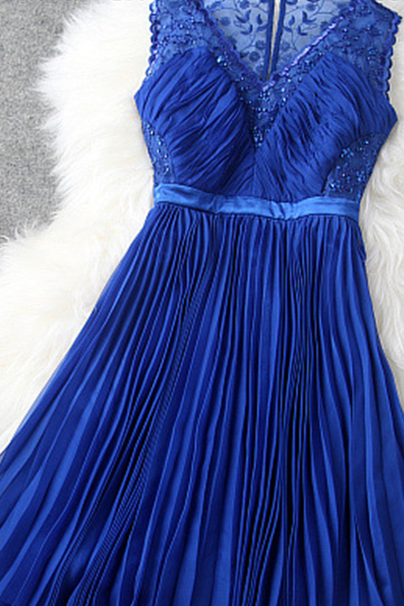 V-Neck Embroidered Mixed Bead Illusion Shrring Pleated Cocktail Dress