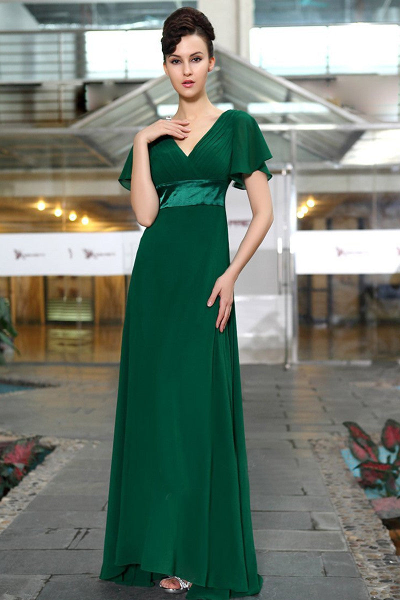Deep V Neck Empire Waist Flare Mesh Sleeve Backless Dress Gown