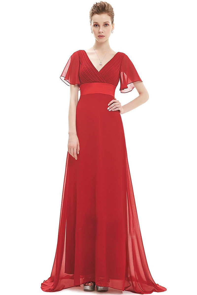 Deep V Neck Empire Waist Flare Mesh Sleeve Backless Dress Gown