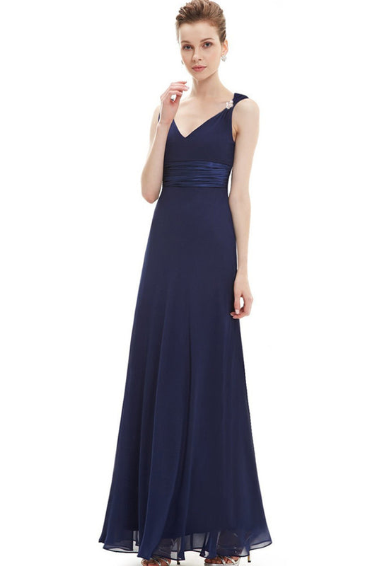 Double V-Neck Rhinestones Ruched Bust Gown Long Dress