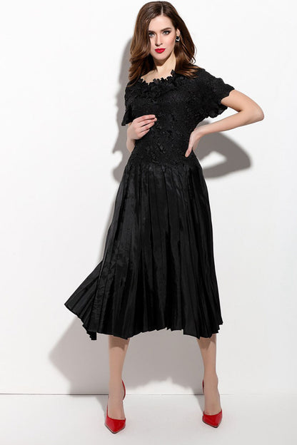 Round Collar Pleated Swing Flare Fit Wedding Party  Dress - NJOYDRESS - 3
