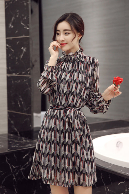 WOMNE'S GRACE STAND COLLAR HALF SLEEVE PRINT AND FLORAL SHORT DRESS