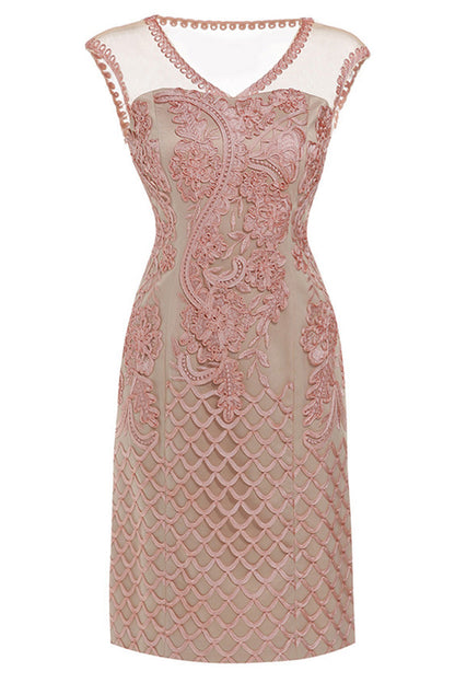 V Neck Sheer Mesh  Floral And Scale Embroidery Slim Dress