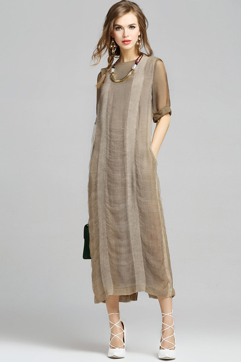 Rural Round Neck Linen Short Sleeve Mixi Dress