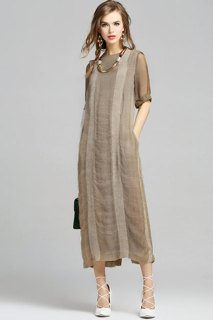 Rural Round Neck Linen Short Sleeve Mixi Dress