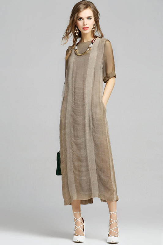Rural Round Neck Linen Short Sleeve Mixi Dress
