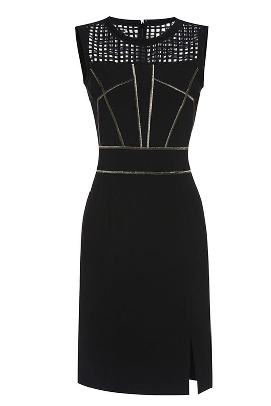 Round Collar Hollow-Out Side Slit Slim Dress
